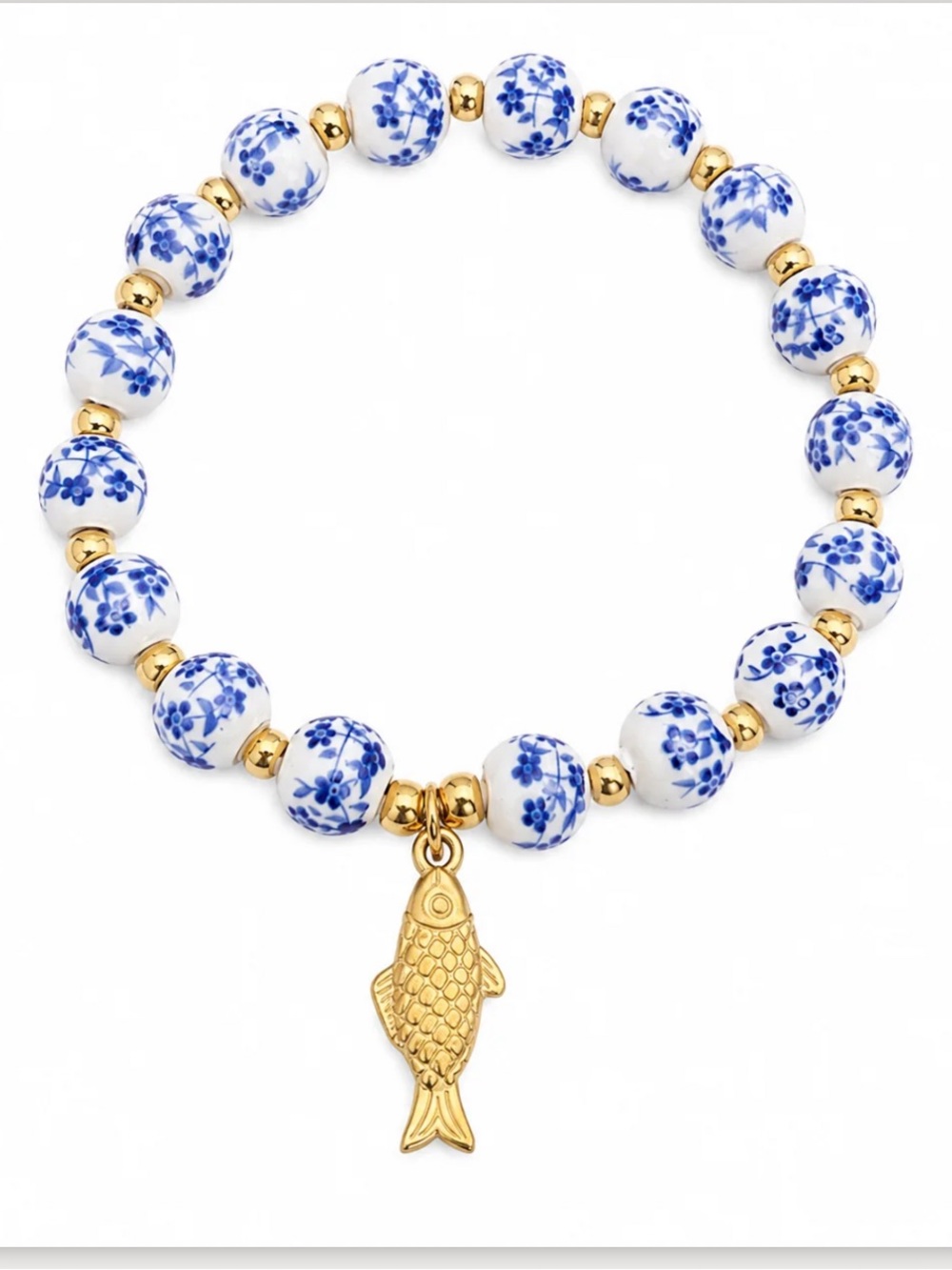NIB Oshena Blue & White Beaded Bracelet with Gold Fish Charm